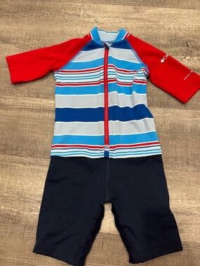 Columbia Red, Blue & Gray Striped Front-Zip Kids Rashguard One-Piece